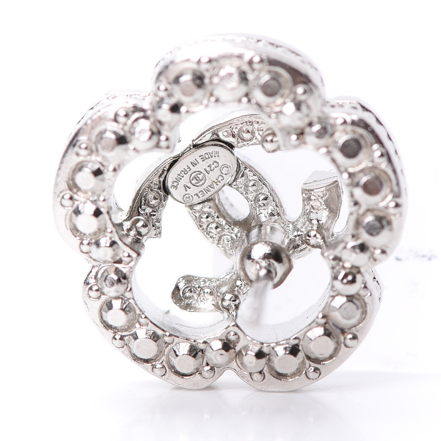 Crystal Coco Flapper Camellia CC Stud Earrings Silver
