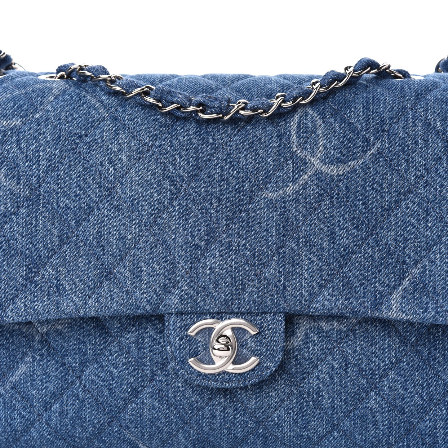 Denim Quilted CC Print Jumbo Single Flap Blue