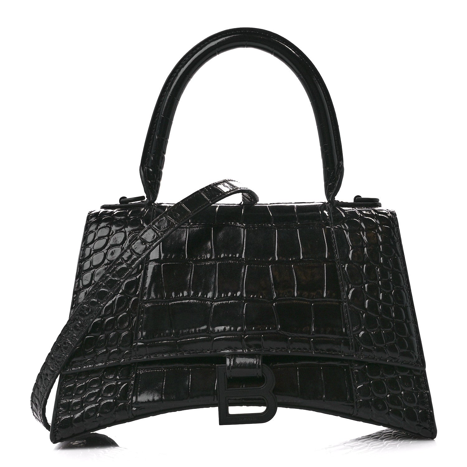 Balenciaga Shiny Calfskin Monochrome Crocodile Embossed Small Hourglass Top Handle Bag Black 1 of 11