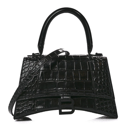 Balenciaga Shiny Calfskin Monochrome Crocodile Embossed Small Hourglass Top Handle Bag Black 1 of 11