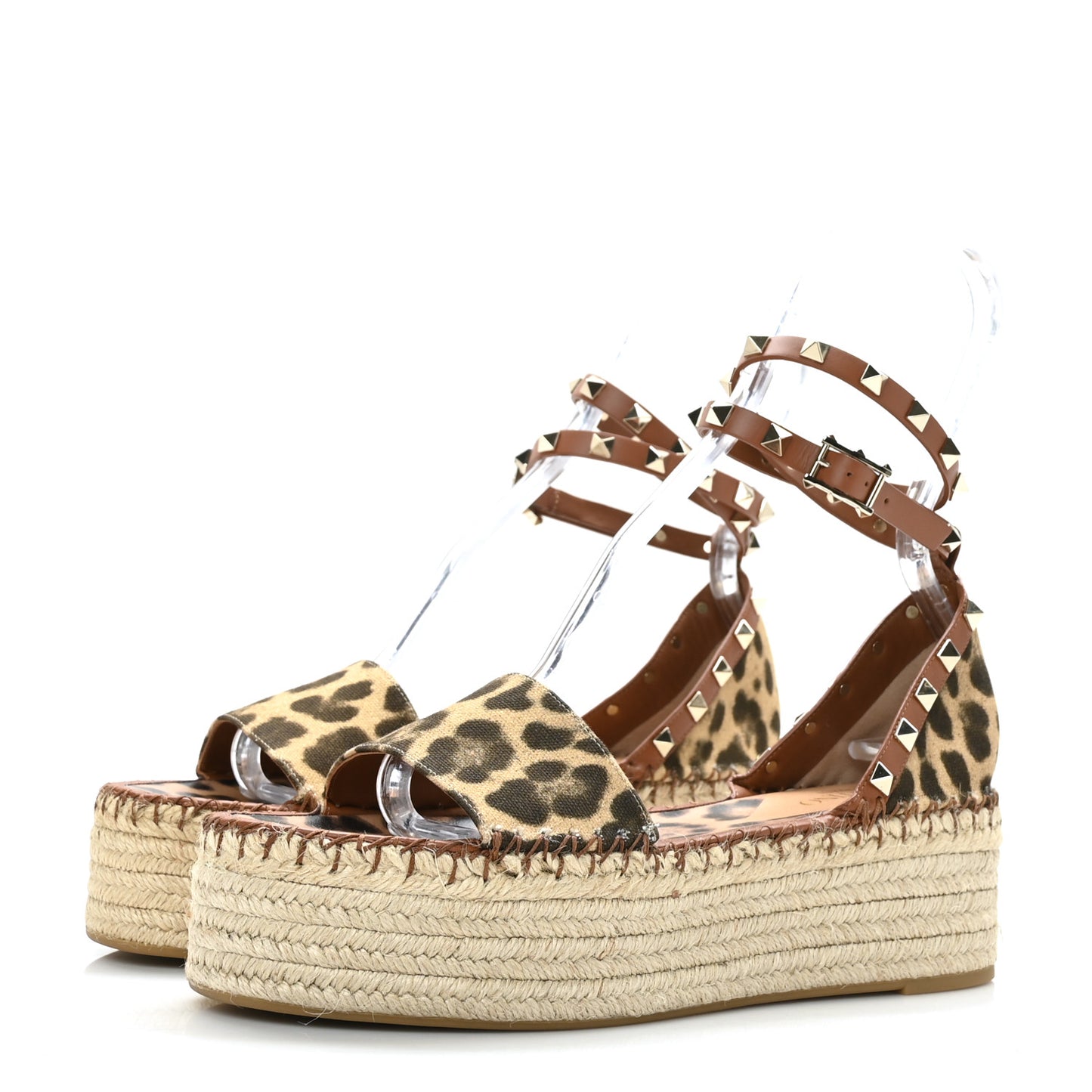 Canvas Leopard Print Rockstud Ankle Wrap Espadrille Flatform Sandals 39 Brown