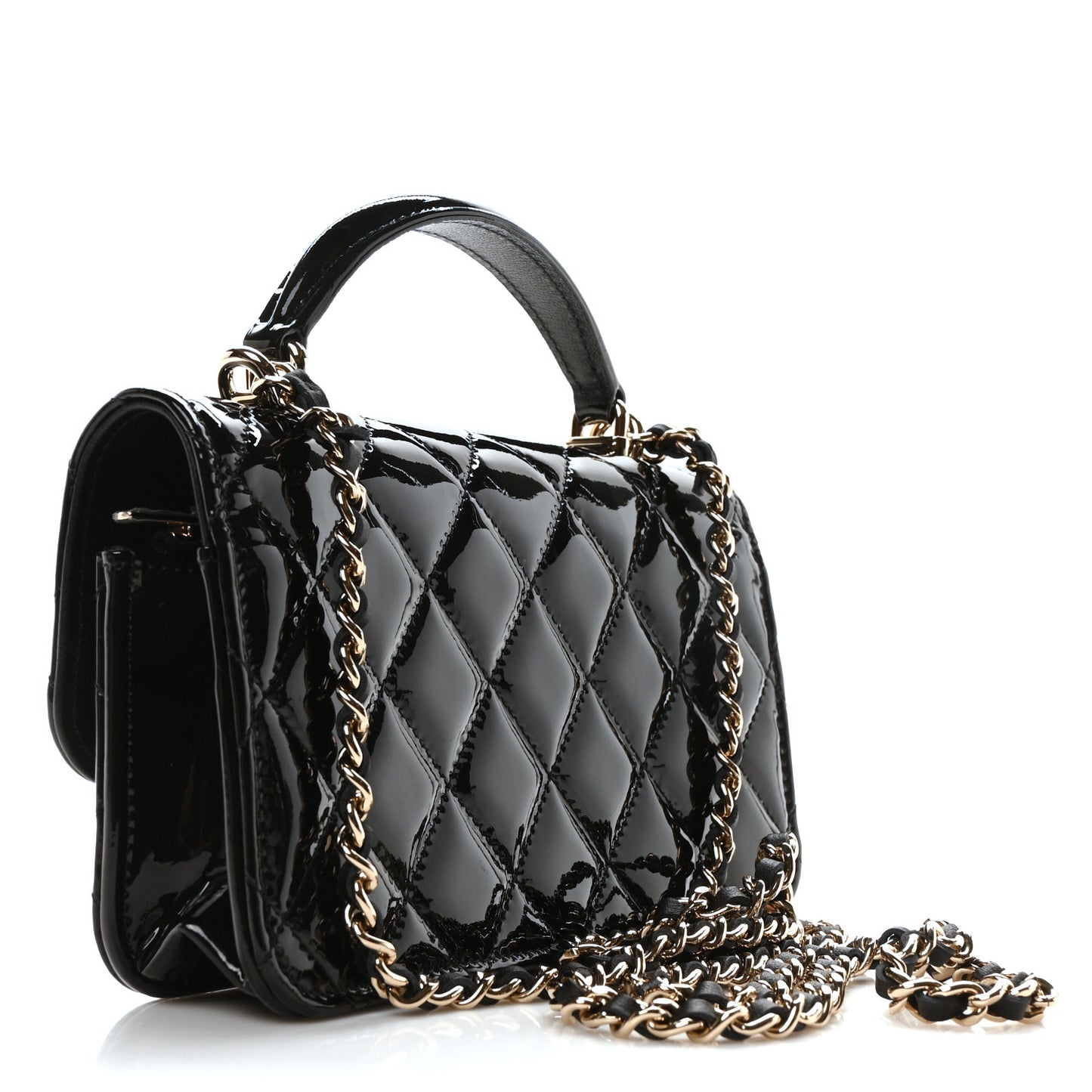 Patent Calfskin Quilted Flap Phone Holder With Chain Black