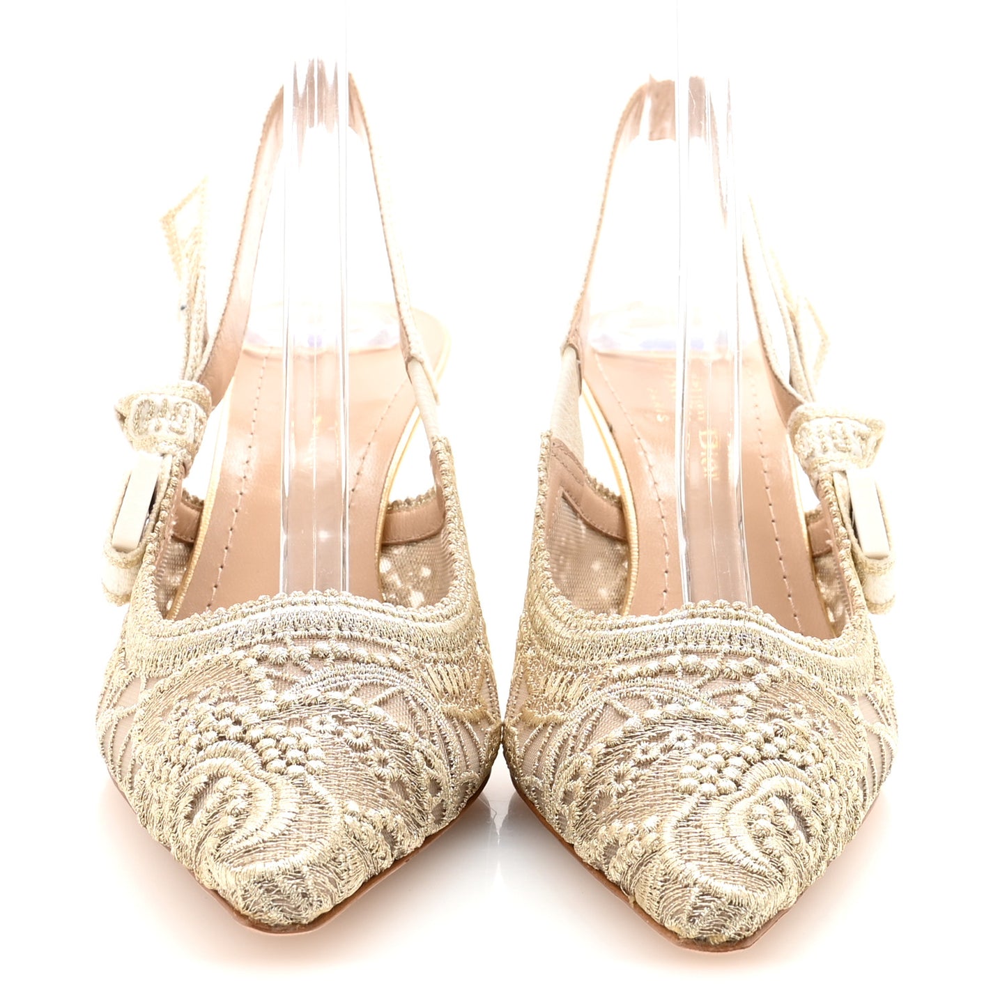 Transparent Metallic Embroidered Mesh Macrame Constantine Embroidered J'Adior Slingback 65mm Pumps 36 Pale Gold