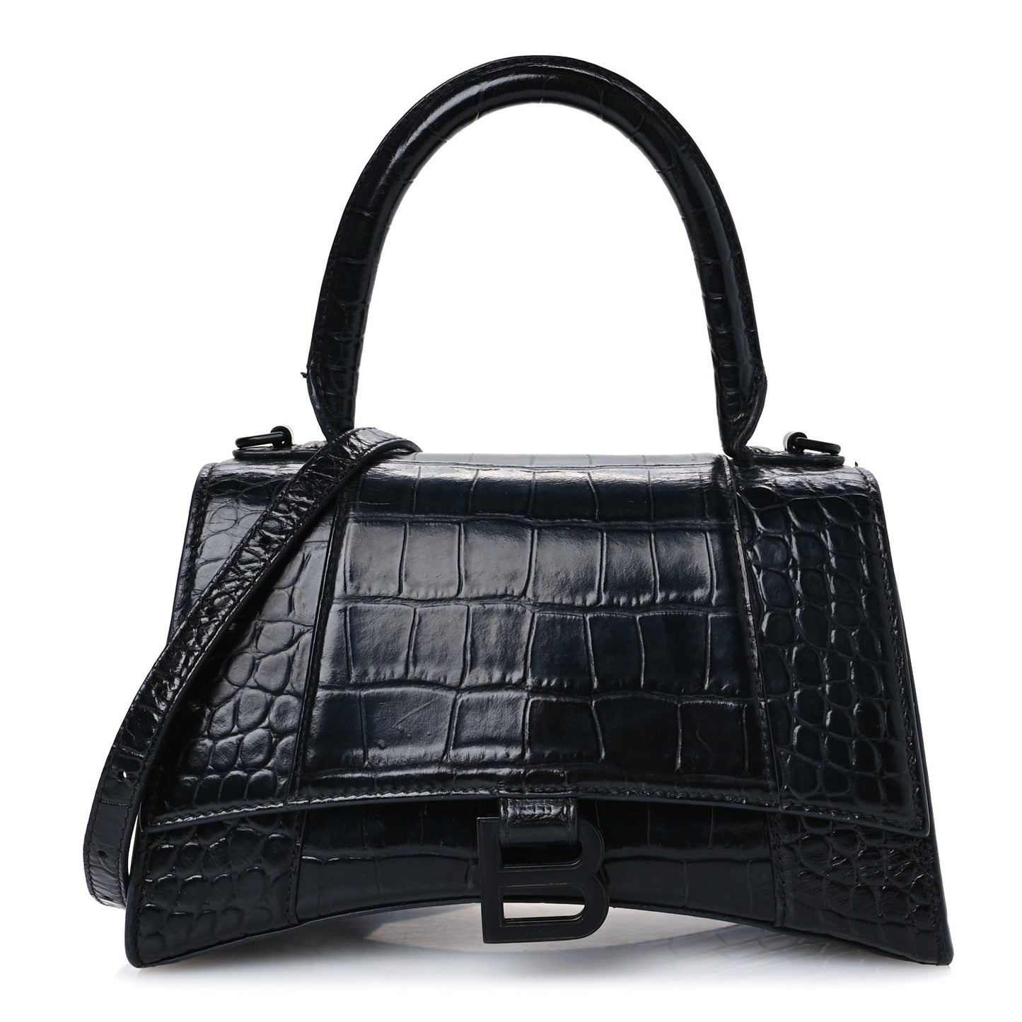 Shiny Calfskin Monochrome Crocodile Embossed Small Hourglass Top Handle Bag Black