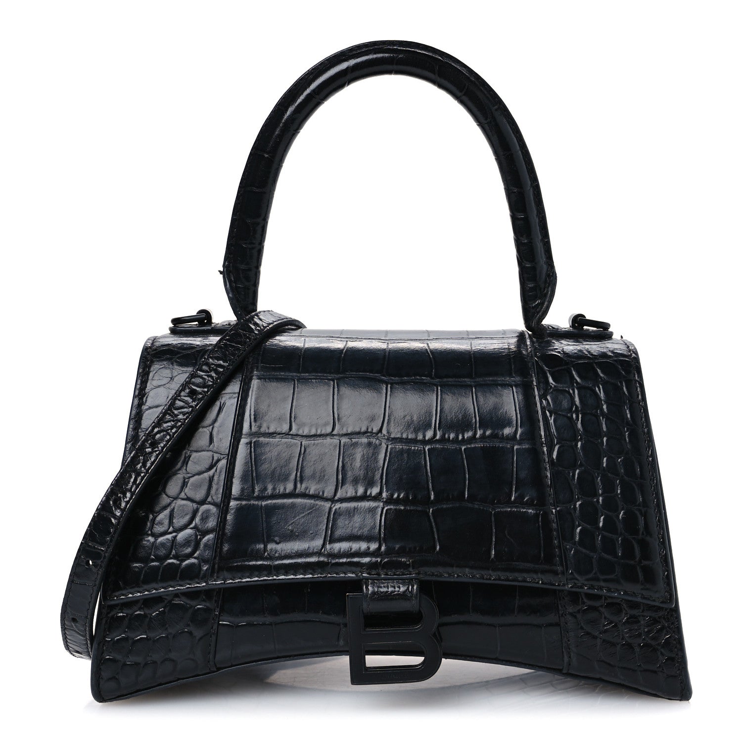 Balenciaga Shiny Calfskin Monochrome Crocodile Embossed Small Hourglass Top Handle Bag Black 1 of 14