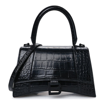 Balenciaga Shiny Calfskin Monochrome Crocodile Embossed Small Hourglass Top Handle Bag Black 1 of 14