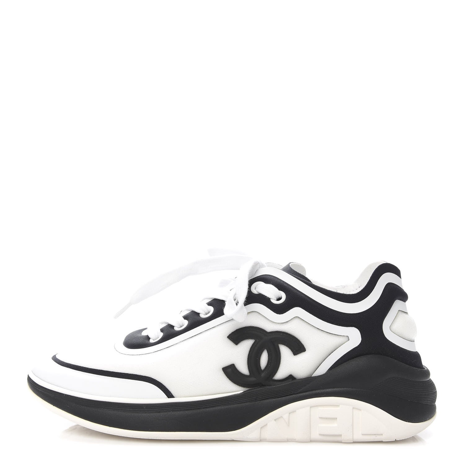 Chanel Lycra Womens CC Sneakers 36.5 White Black 1 of 8