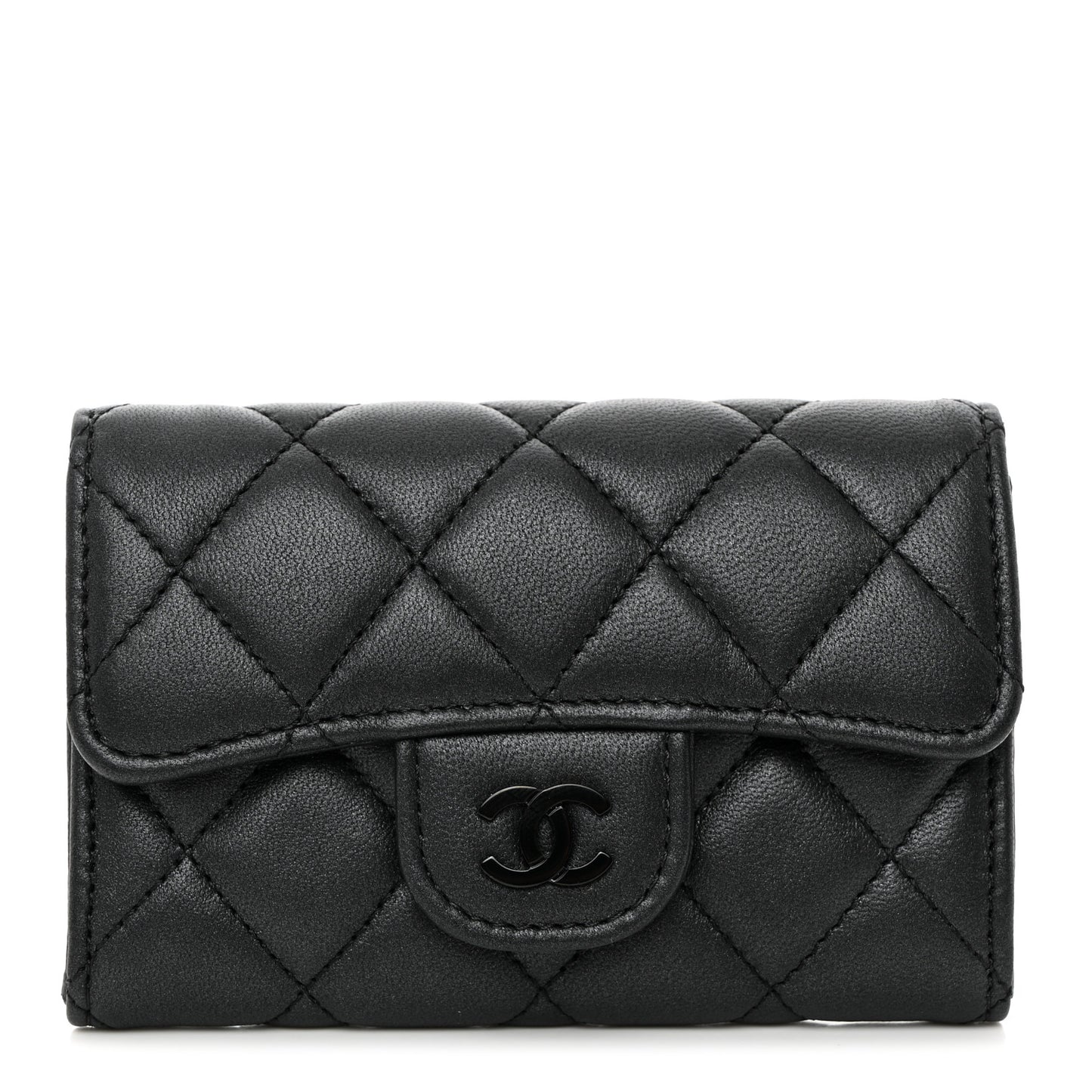 Pearly Lambskin Quilted Flap Card Holder Wallet So Black