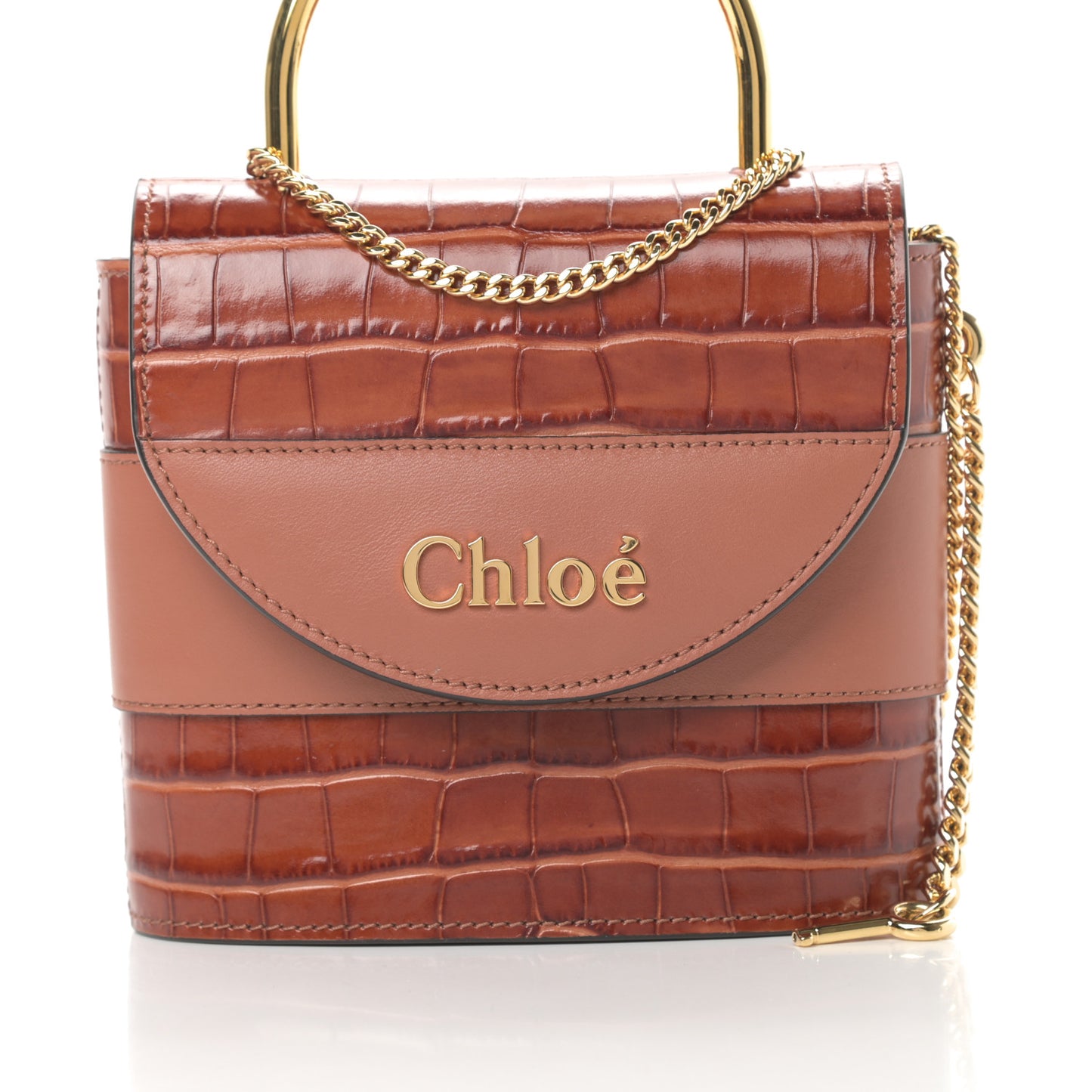 Calfskin Crocodile Embossed Small Aby Lock Chestnut Brown