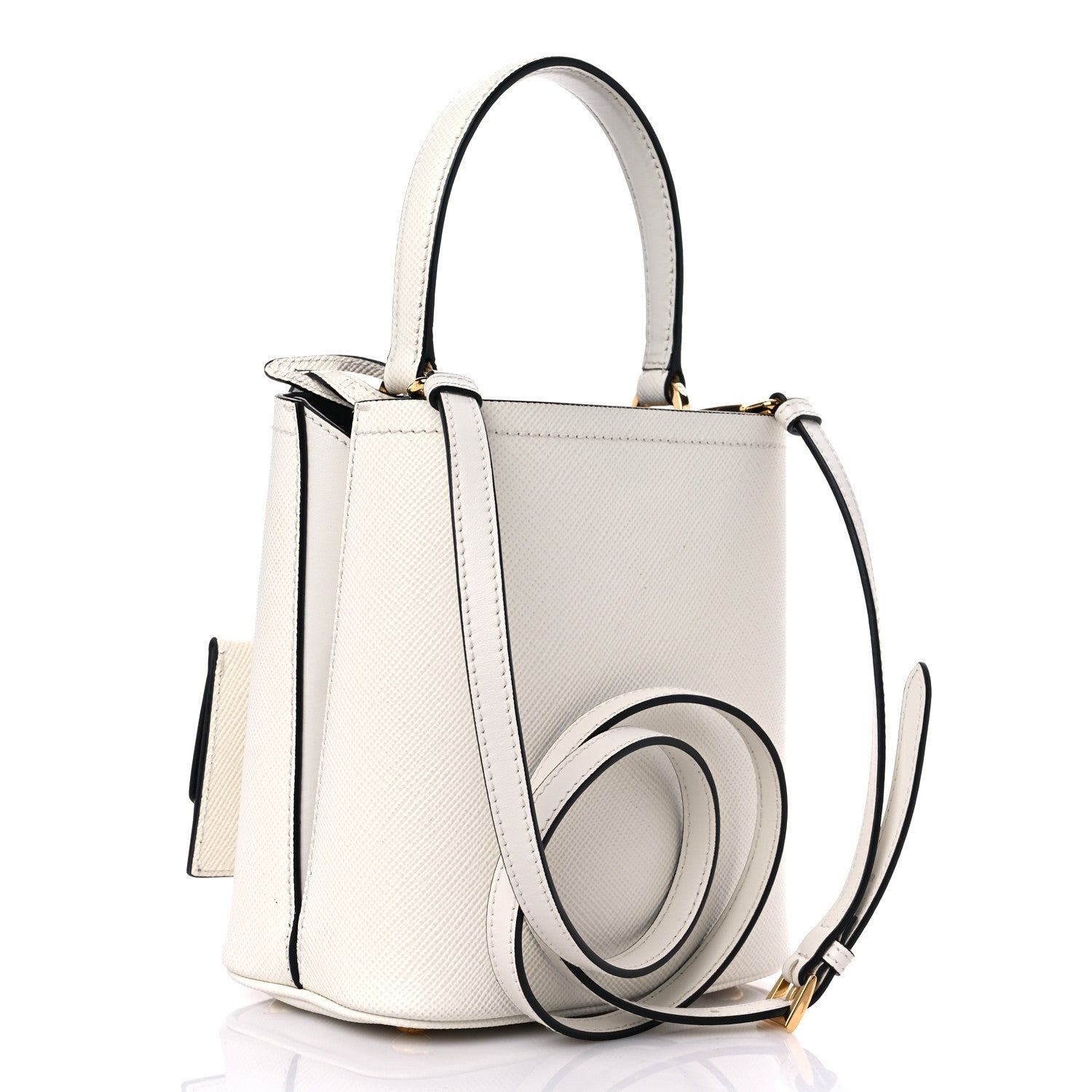 Prada Saffiano Cuir Calfskin Small Panier Bucket Bag White Black 3 of 11