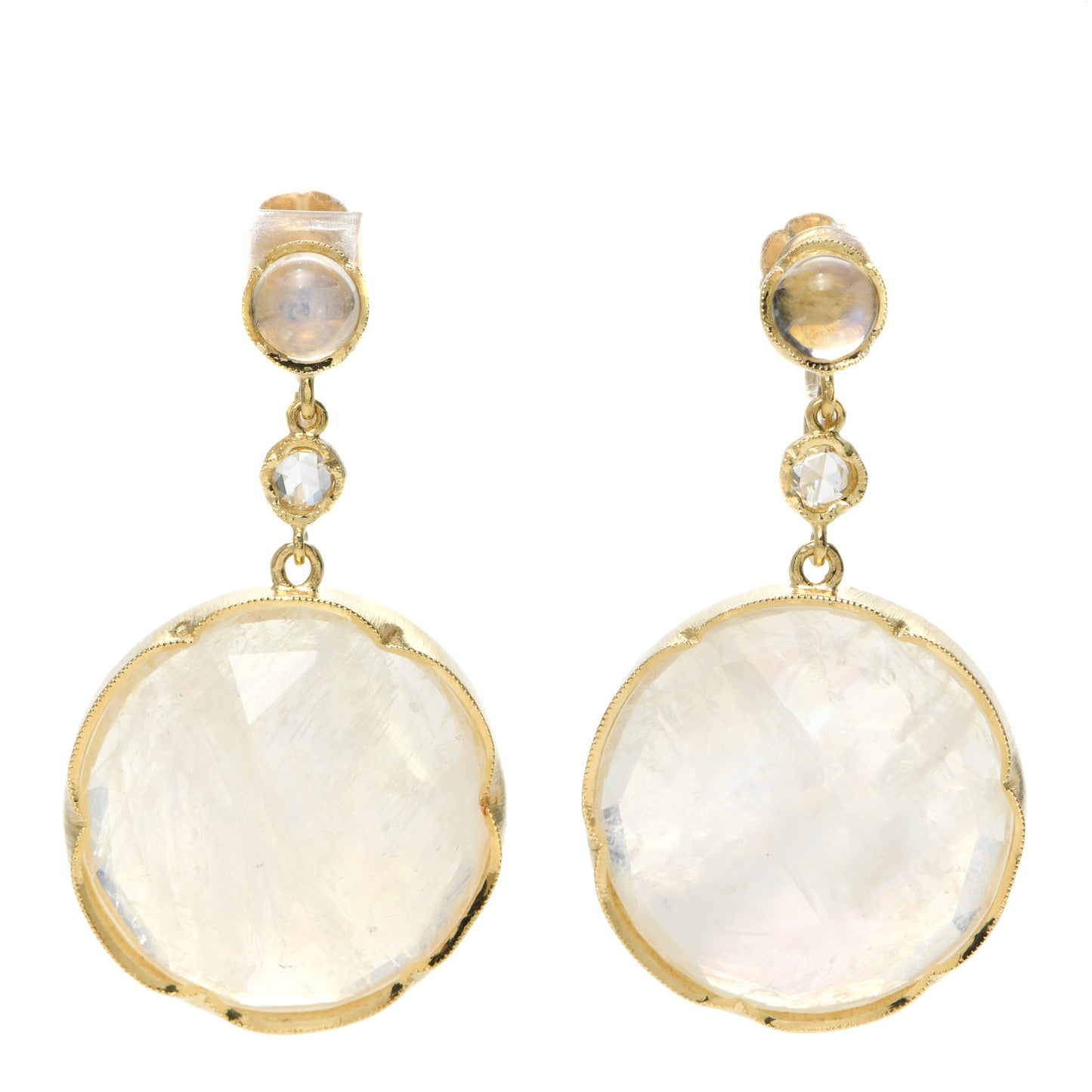 18K Yellow Gold Diamond Moonstone Screw-Back Drop Earrings