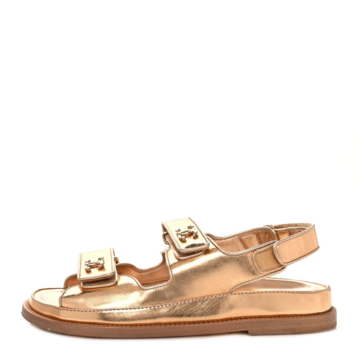 Chanel Metallic Laminated Calfskin Velcro Dad Sandals 36.5 Golden 1 of 9