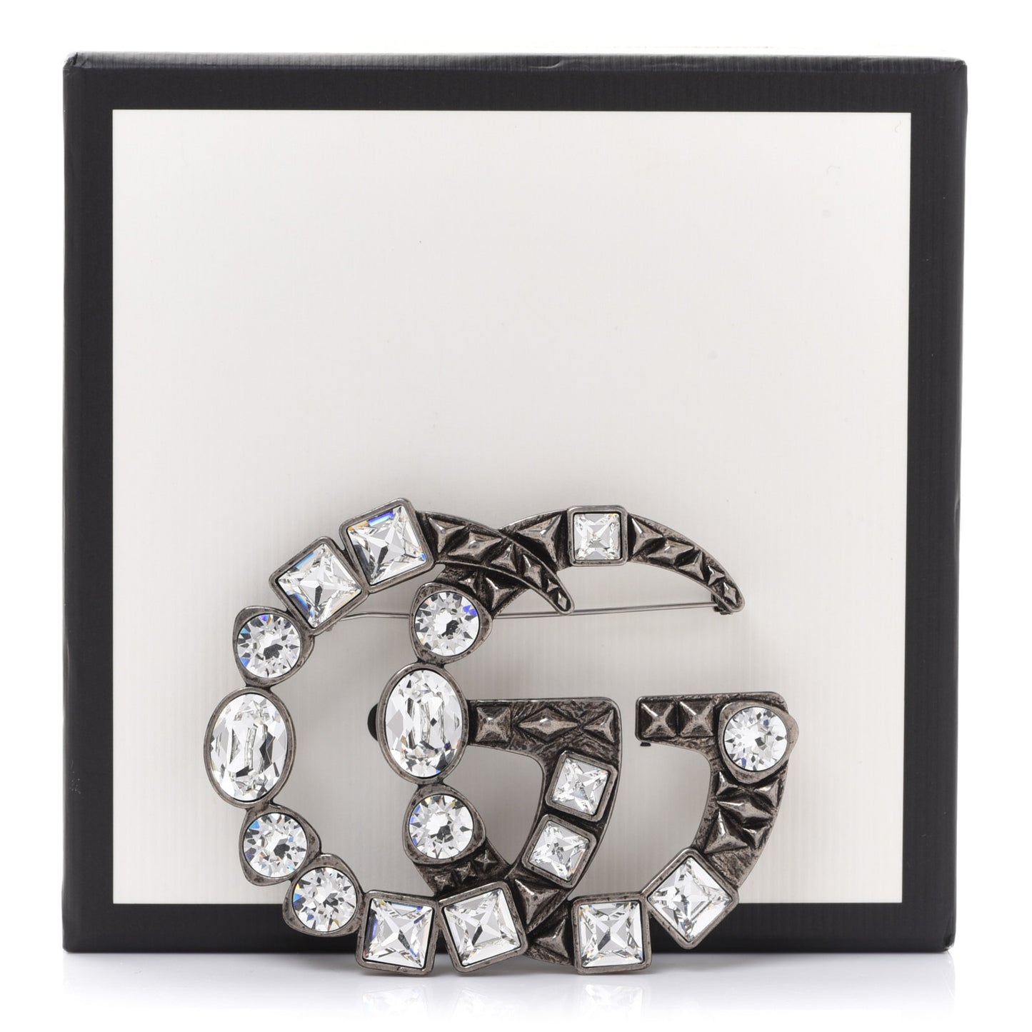 Metal Crystal Double G Brooch Silver