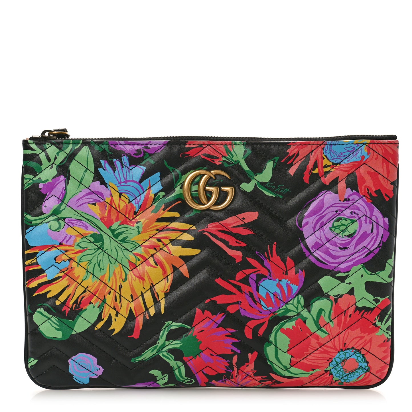 X KEN SCOTT Calfskin Matelasse Floral Print GG Marmont Zip Pouch Black