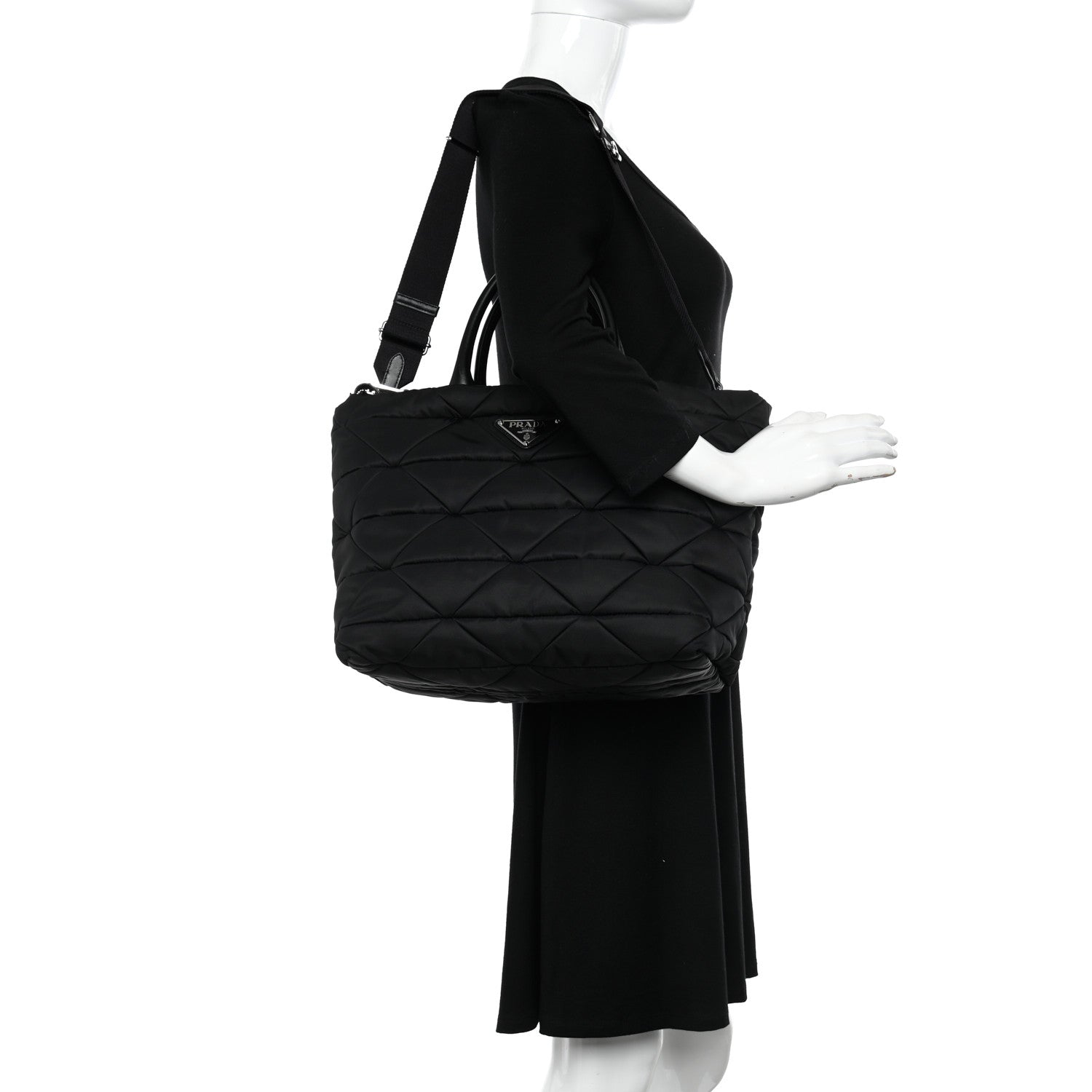 Prada Re-Nylon Nappa Triangle Quilted Padded Medium Double Handled Zip Tote Black 2 of 12