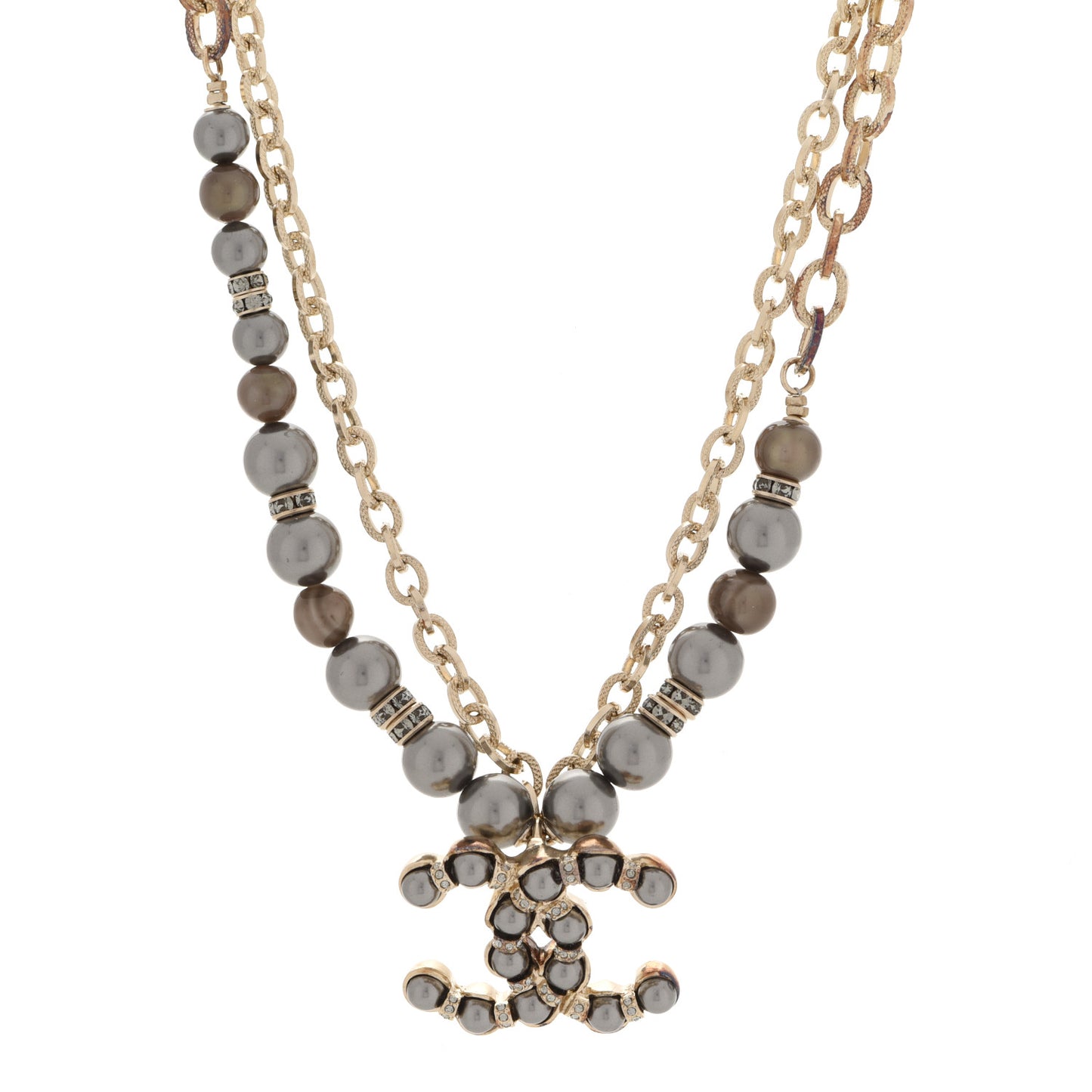 Crystal Pearl Nefertiti CC Double Chain Pendant Necklace Gold Dark Grey