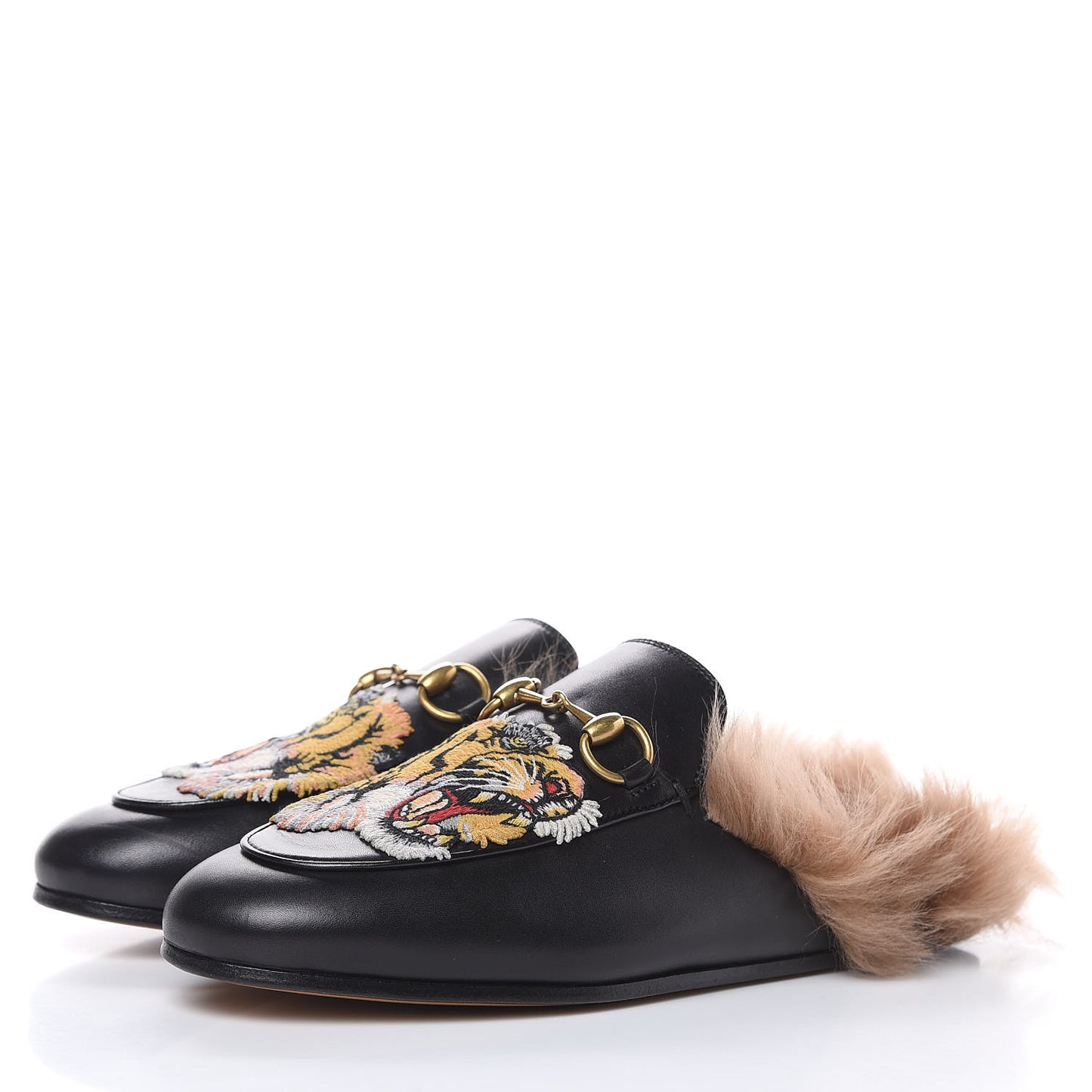 Calfskin Fur Tiger Embroidered Womens Princetown Slippers 36 Black