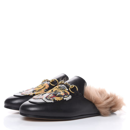 Gucci Calfskin Fur Tiger Embroidered Womens Princetown Slippers 36 Black 3 of 9