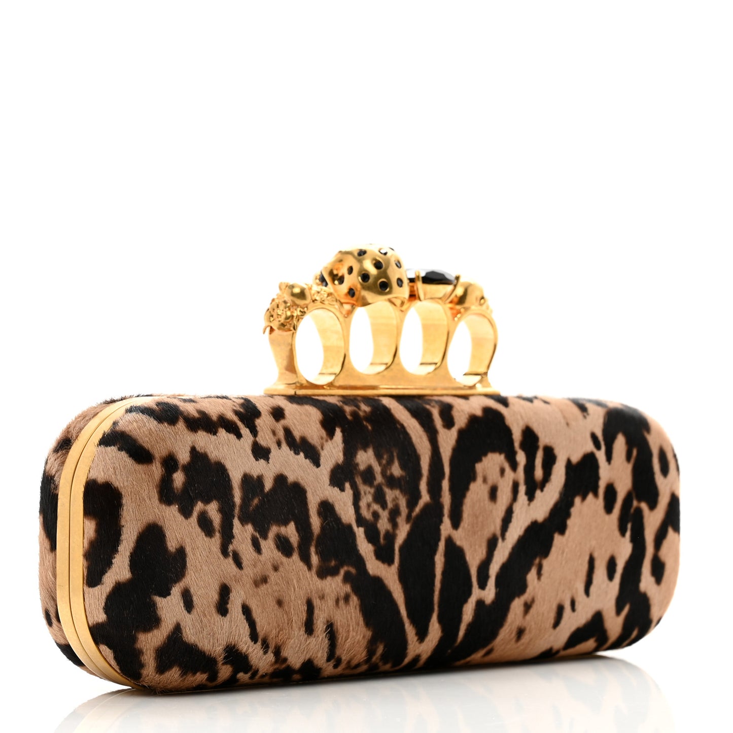 Calf Hair Leopard Print Knuckle Box Clutch Brown Black