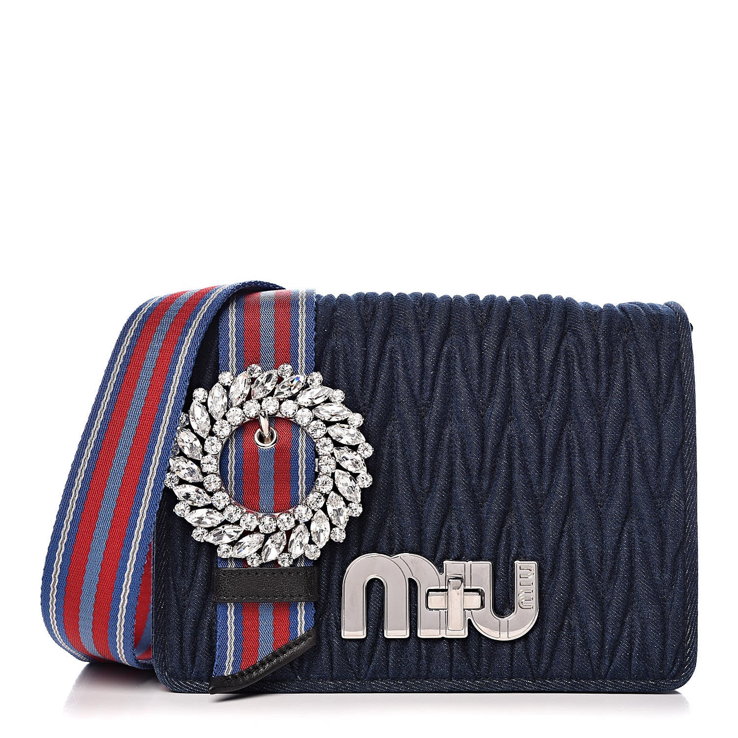 Miu Miu Denim Matelasse Crystal Embellished Shoulder Bag Blue Rosso 1 of 10
