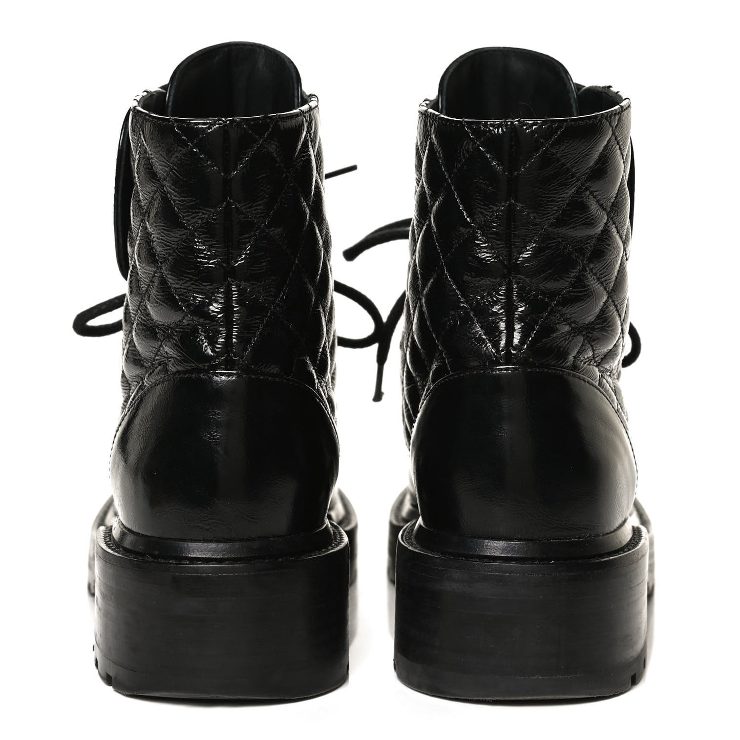 Shiny Calfskin Quilted Lace Up Combat Boots 35.5 Black