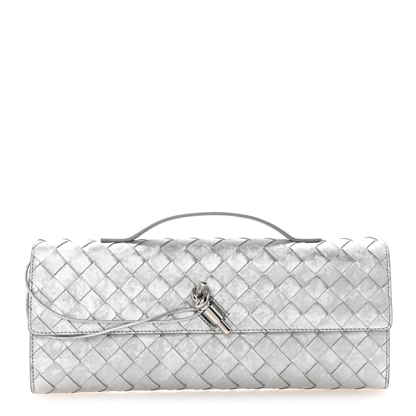Metallic Lambskin Intrecciato Long Andiamo Top Handle Clutch Silver