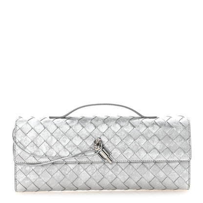 Bottega Veneta Metallic Lambskin Intrecciato Long Andiamo Top Handle Clutch Silver 1 of 6