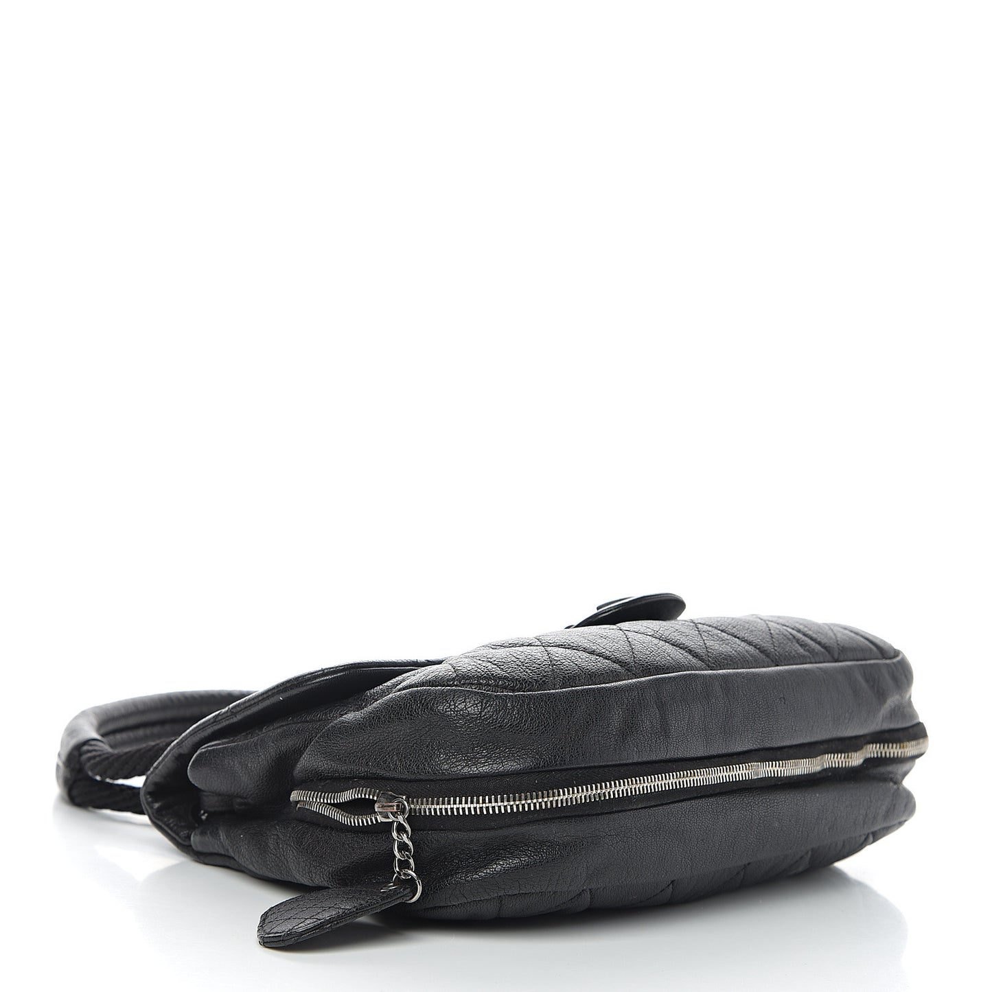 Calfskin Quilted Expandable Zip Flap Shoulder Bag Black