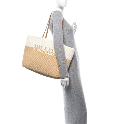 Prada Yarn Raffia Effect Crochet Vitello Logo Shopping Tote Naturale White 2 of 9
