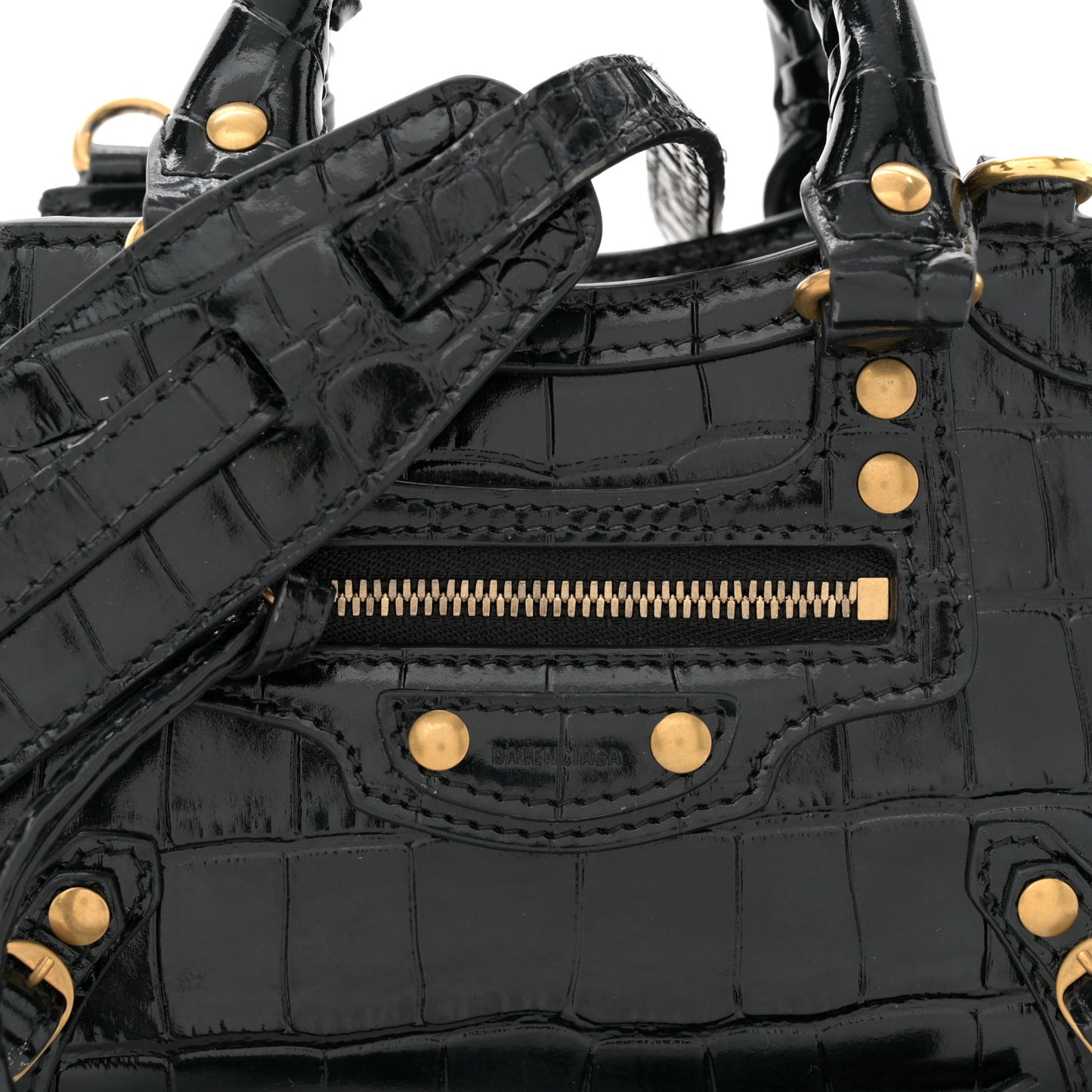 Shiny Supple Calfskin Crocodile Embossed Neo Classic Gold Hardware Nano City Crossbody Black