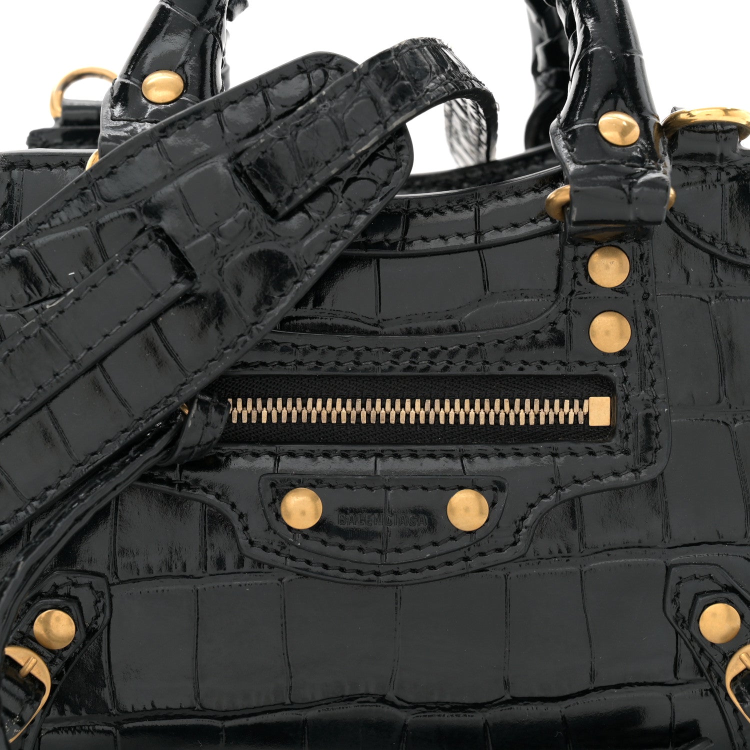 Balenciaga Shiny Supple Calfskin Crocodile Embossed Neo Classic Gold Hardware Nano City Crossbody Black 7 of 11