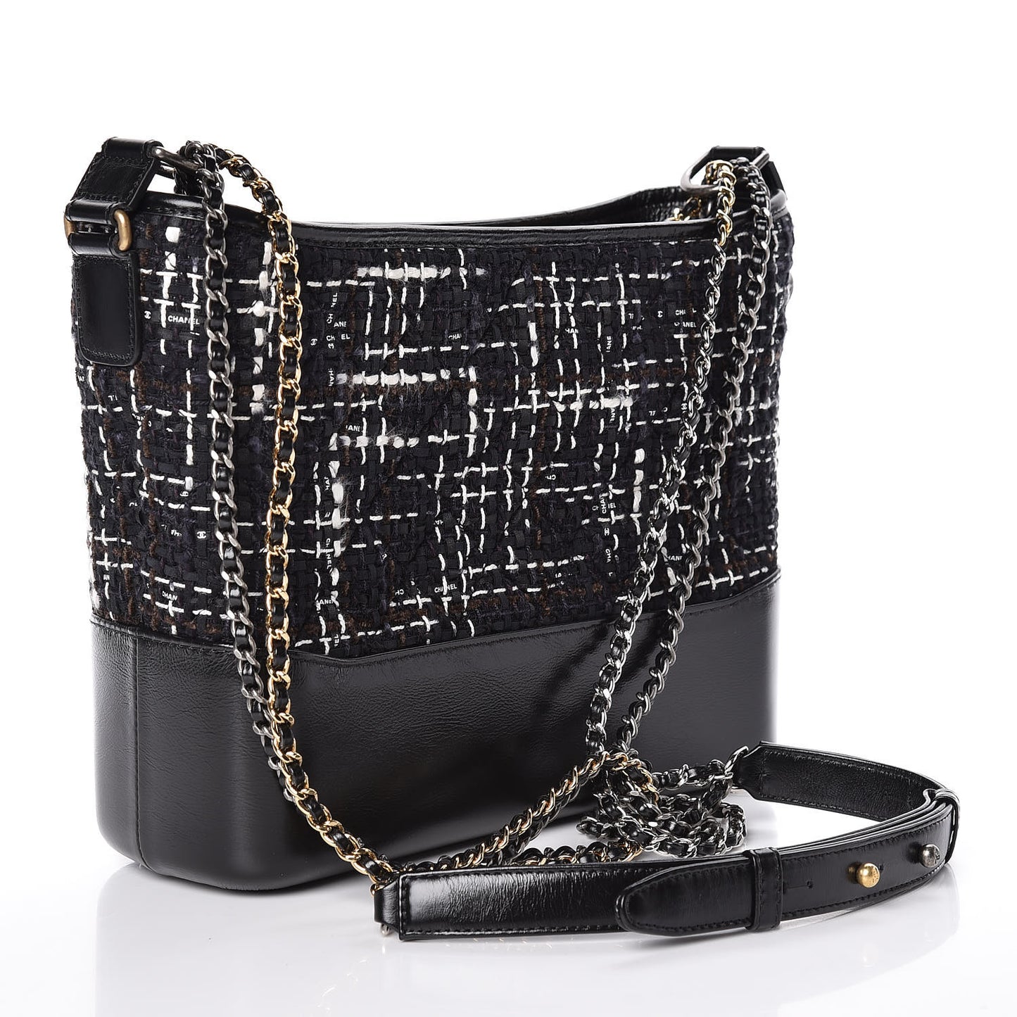 Tweed Calfskin Quilted Medium Gabrielle Hobo Black White