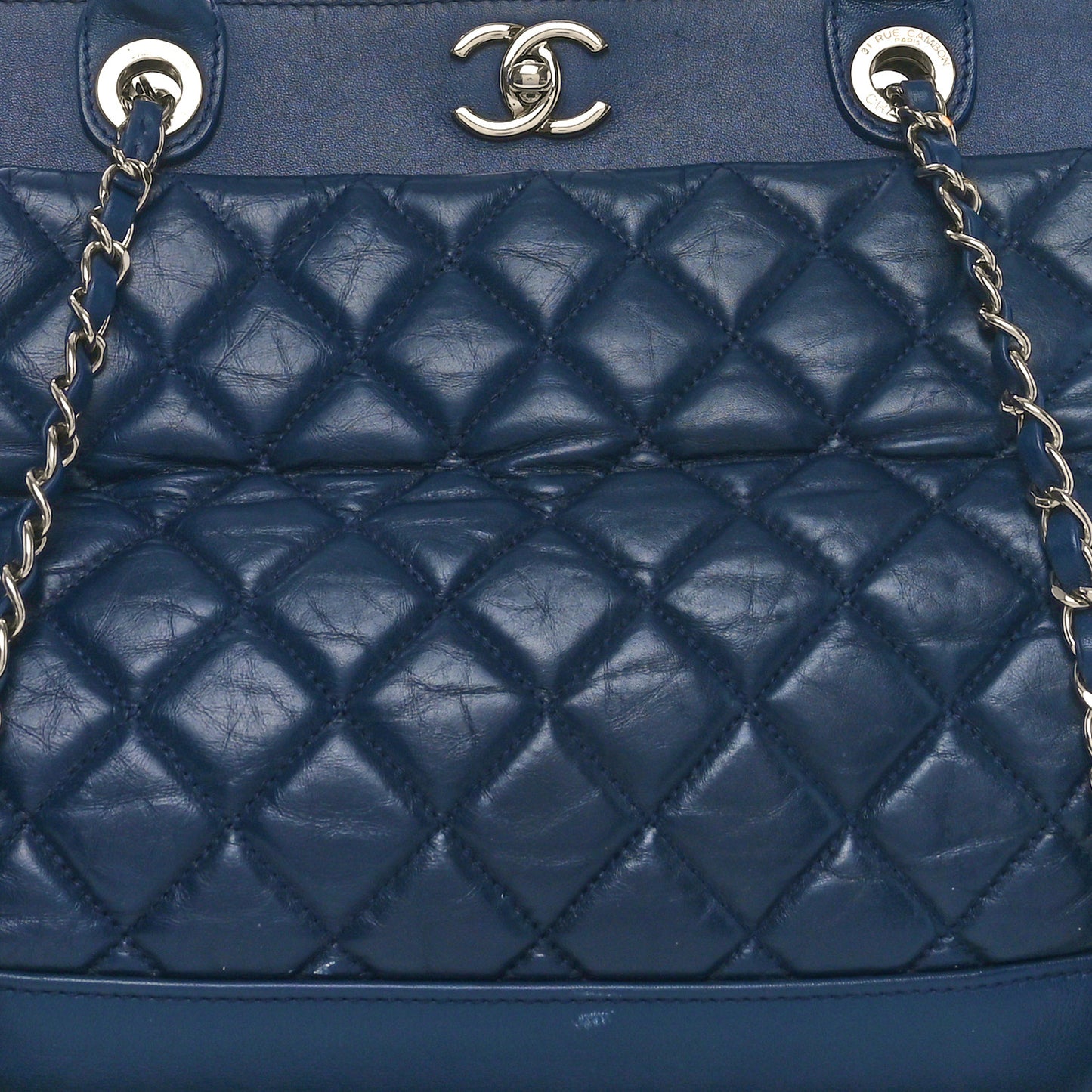 Aged Calfskin Quilted Be CC Tote Blue