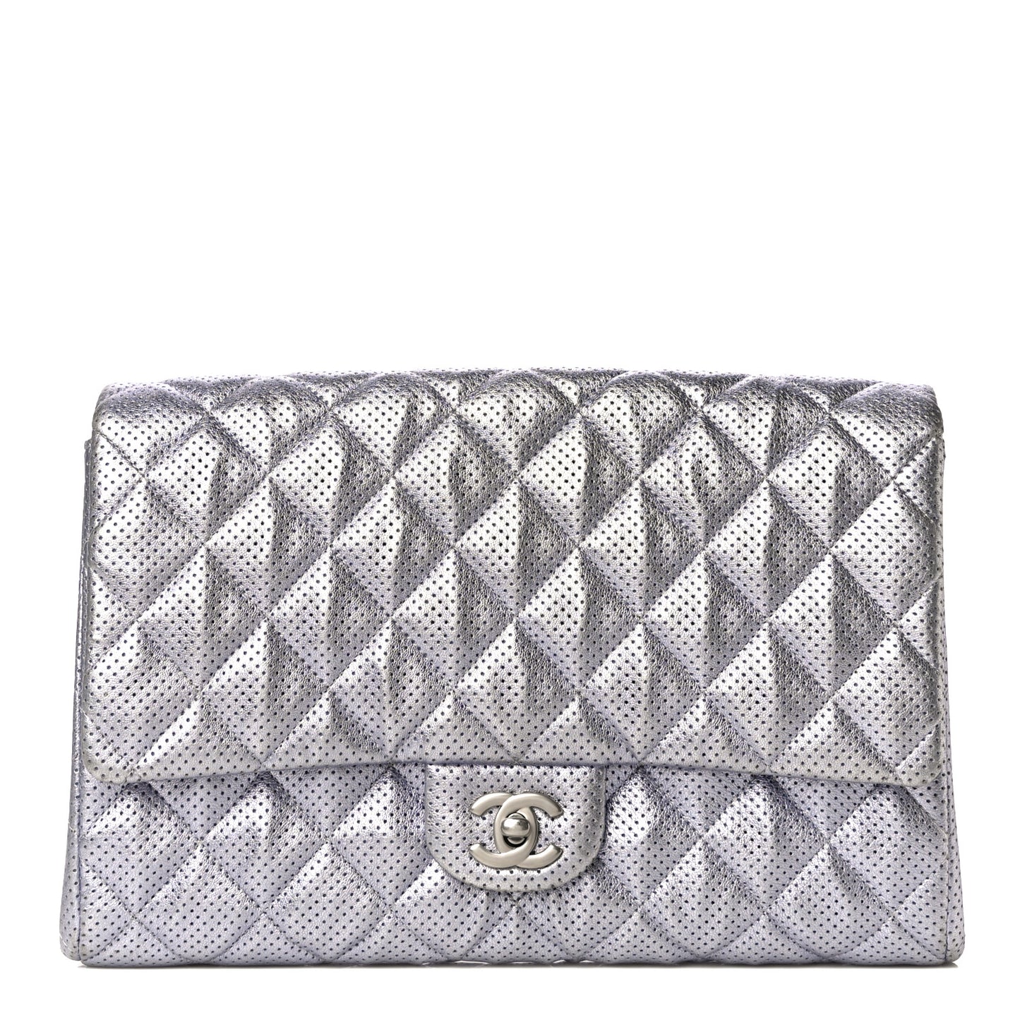 Metallic Perforated Lambskin Quilted Clutch With Chain Flap Silver