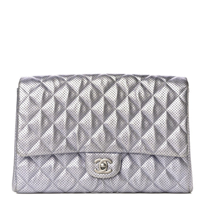 Chanel Metallic Perforated Lambskin Quilted Clutch With Chain Flap Silver 1 of 11
