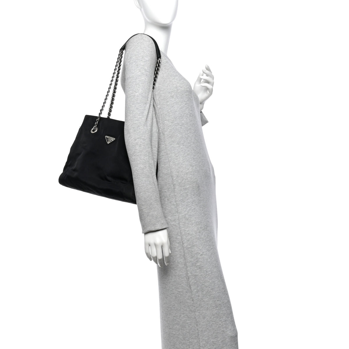 Tessuto Nylon Acciaio Chain Shoulder Bag Black