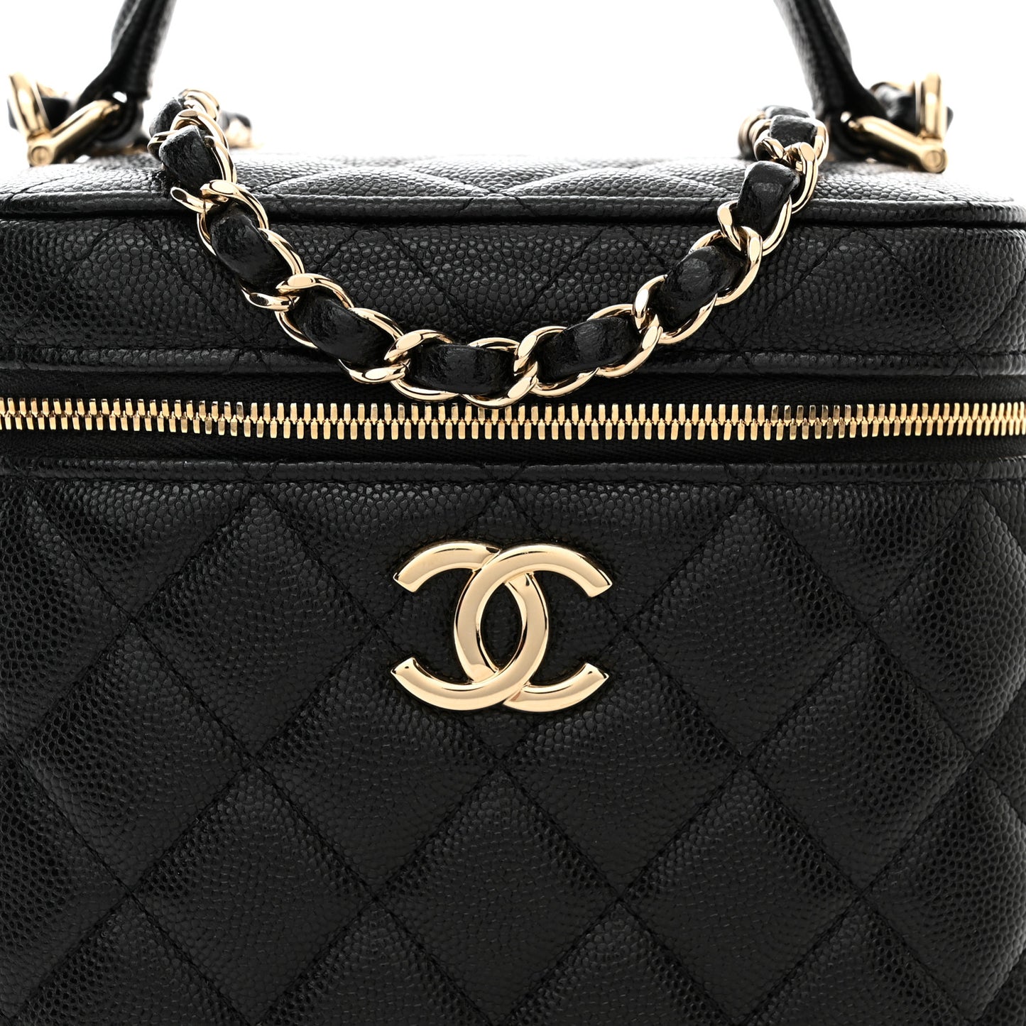 Caviar Quilted Small Top Handle Vanity Case With Chain Black