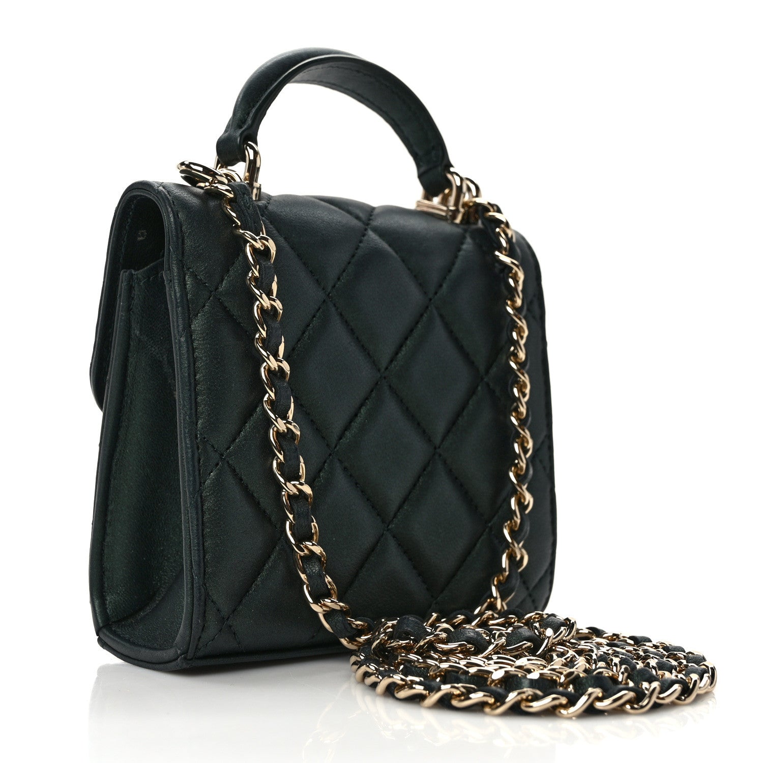 Chanel Iridescent Lambskin Quilted Top Handle Flap Clutch With Chain Dark Green 2 of 15