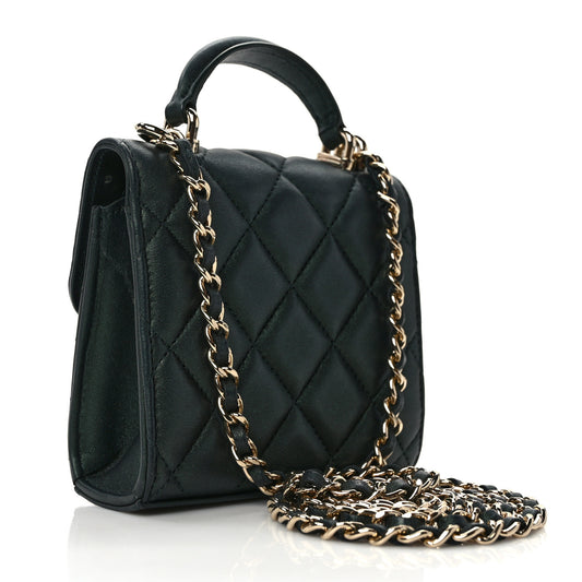 Iridescent Lambskin Quilted Top Handle Flap Clutch With Chain Dark Green