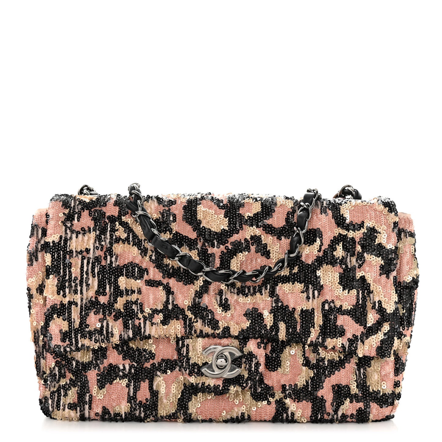 Sequin Leopard Print Quilted Medium Single Flap Pink Gold