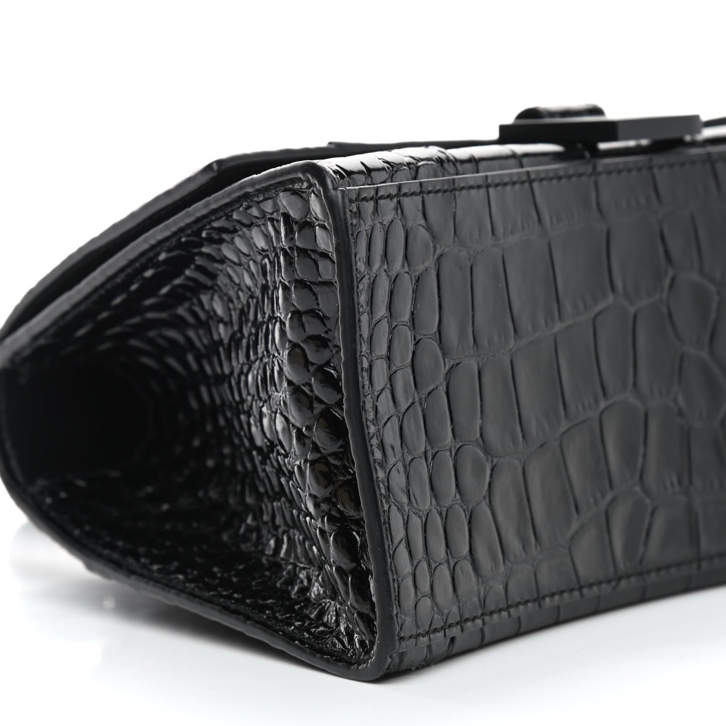 Shiny Calfskin Monochrome Crocodile Embossed Small Hourglass Top Handle Bag Black