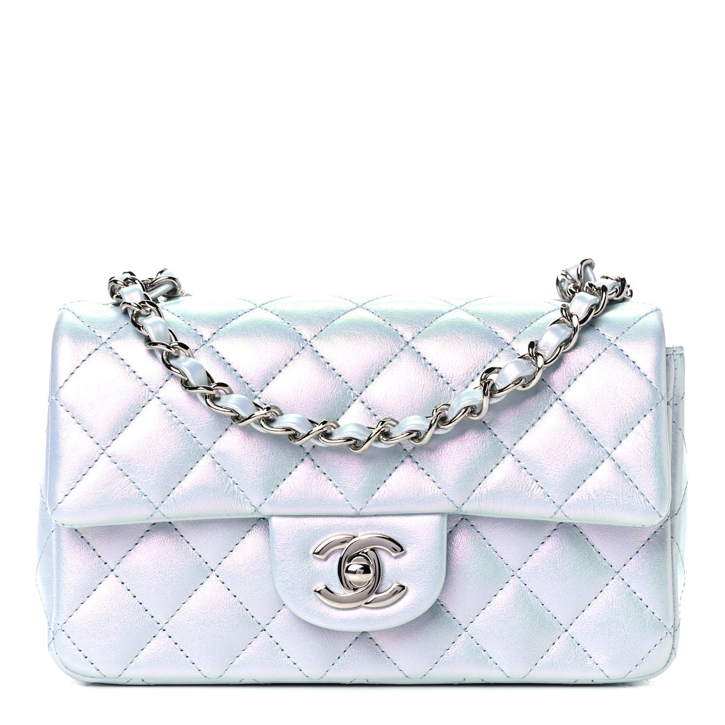 Iridescent Calfskin Quilted Mini Rectangular Flap Light Blue