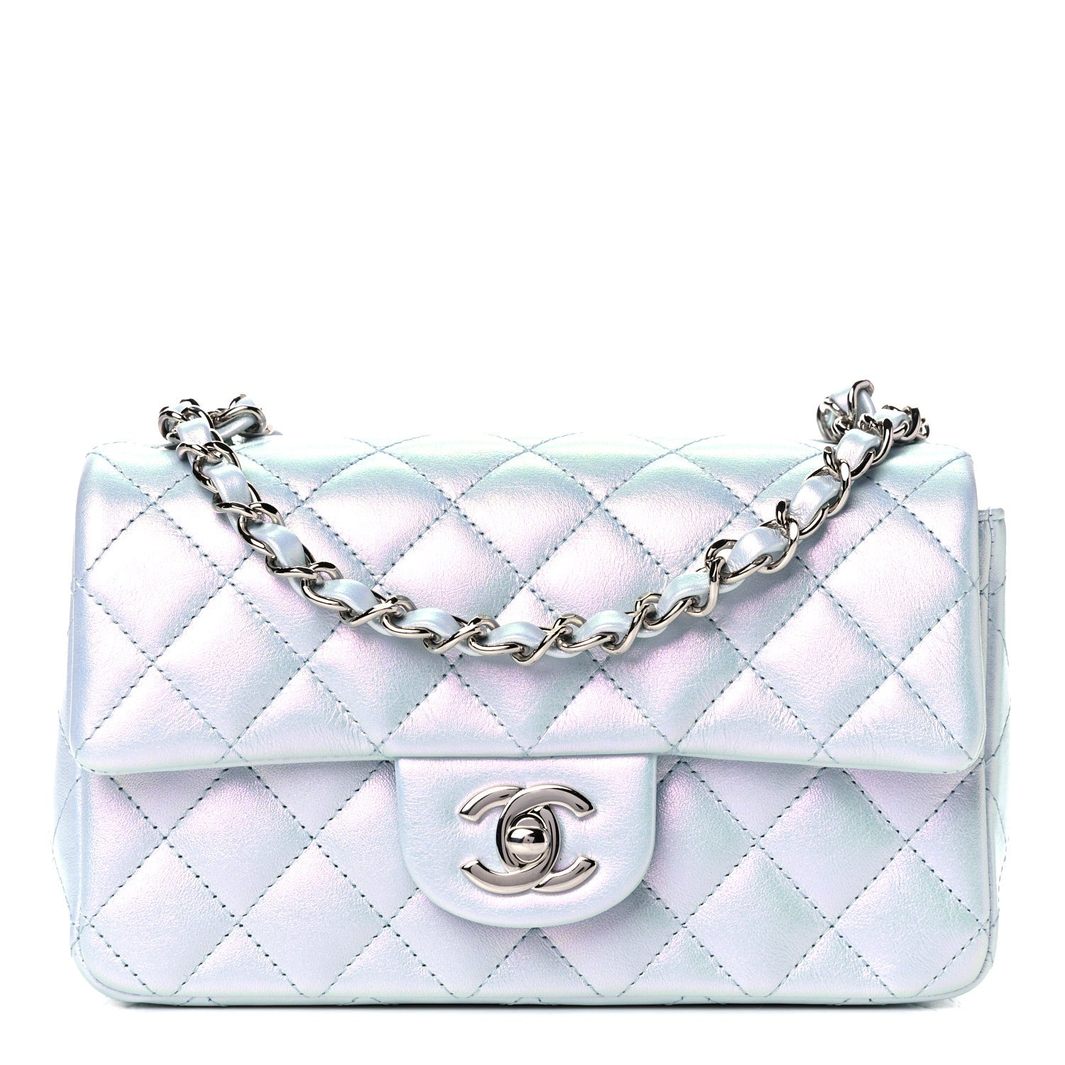 Chanel Iridescent Calfskin Quilted Mini Rectangular Flap Light Blue 1 of 13