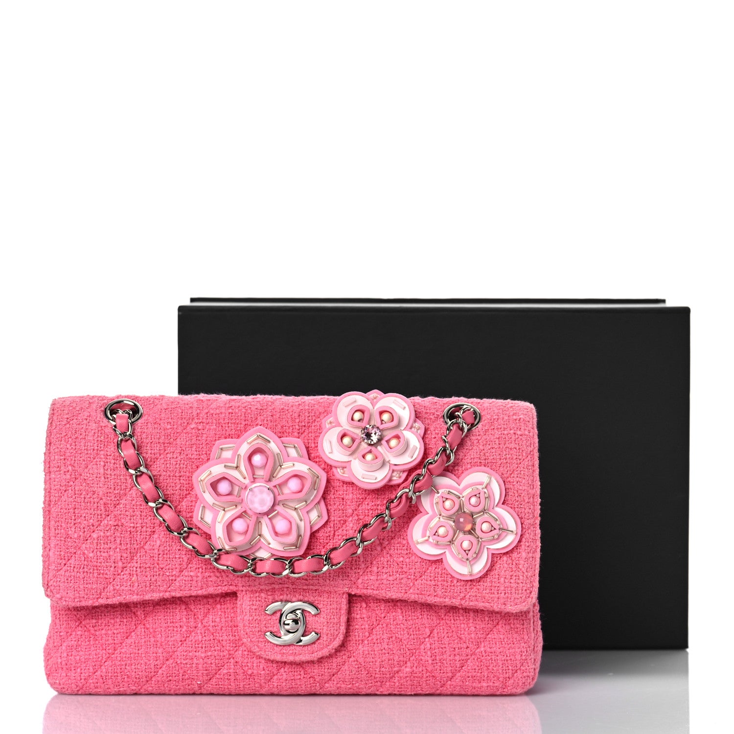 Chanel Tweed Crystal Bead Flower Embellished Quilted Medium Double Flap Pink 13 of 13