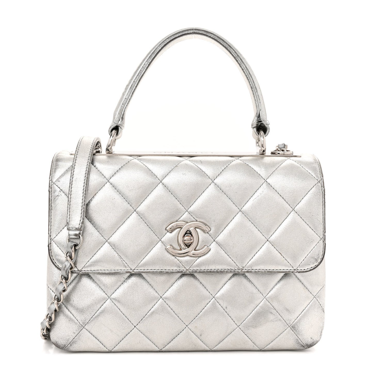 Metallic Lambskin Quilted Small Trendy CC Flap Dual Handle Bag Silver