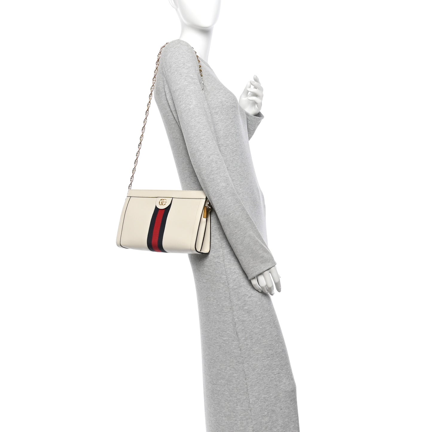 Textured Calfskin Web Small Ophidia Chain Shoulder Bag Mystic White