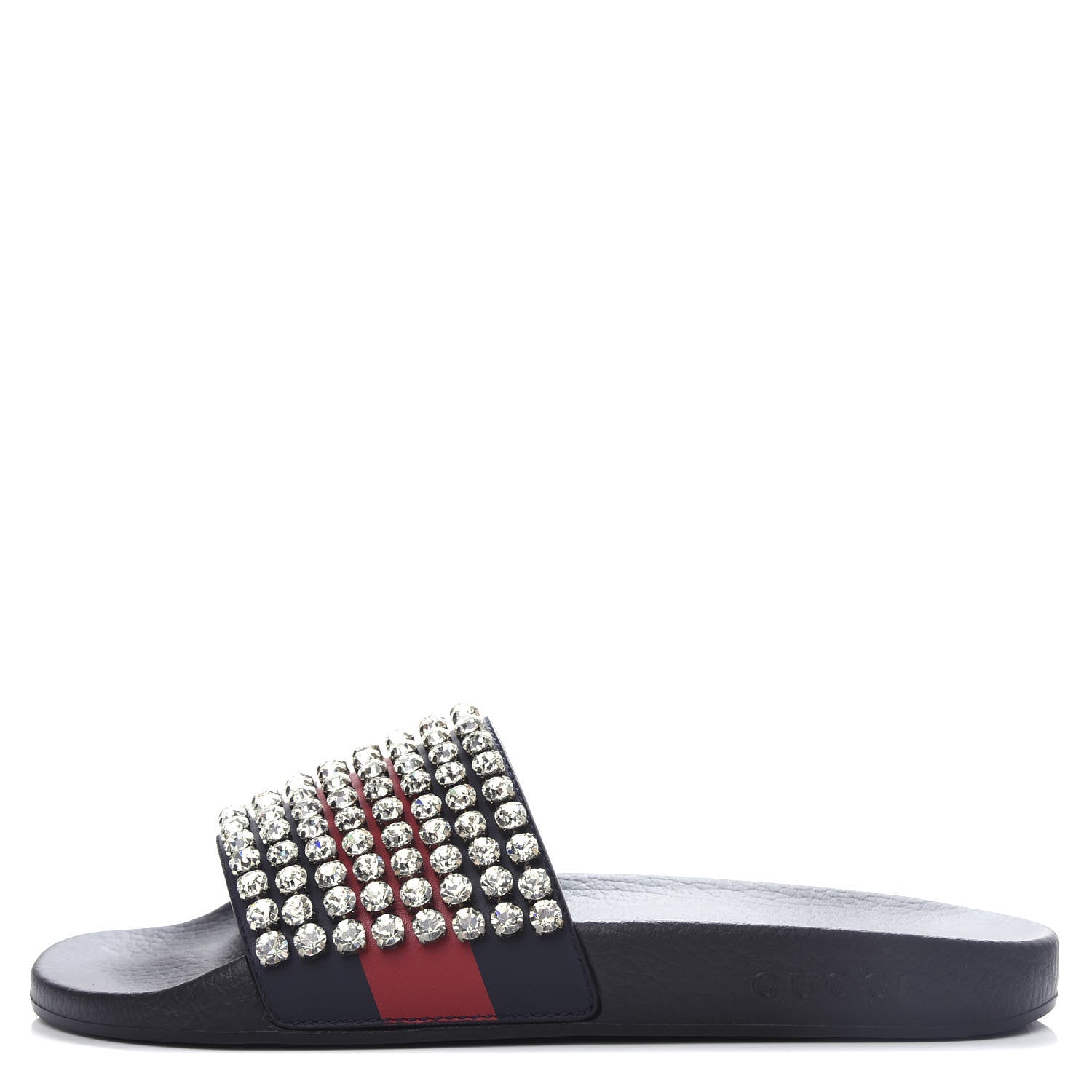 Gucci Calfskin Crystal Embellished Web Slide Sandals 42 Blue Red 1 of 11