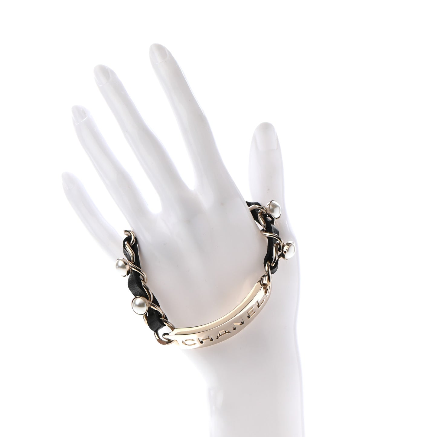 Metal Lambskin Pearl Name Plate Bracelet Black Gold