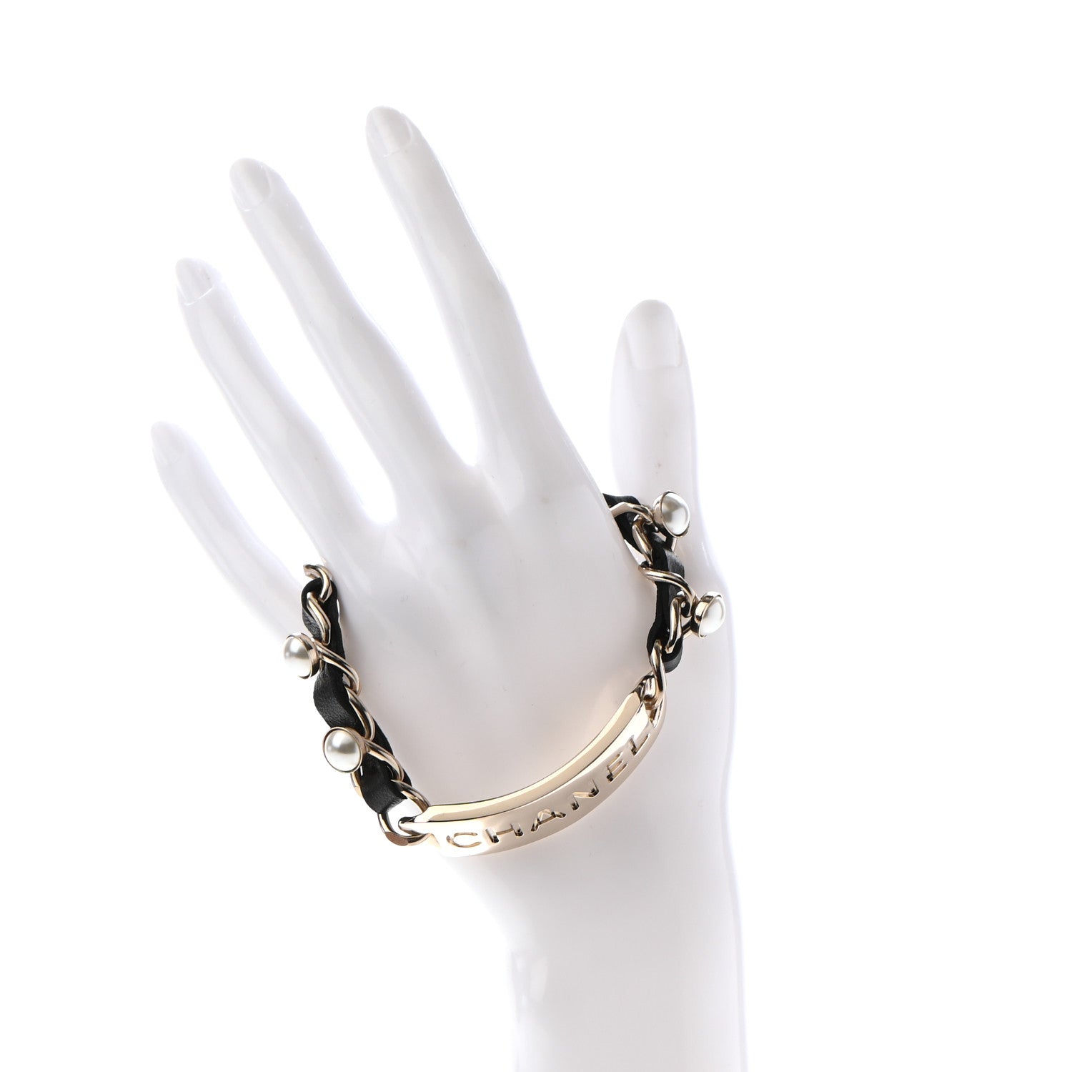 Chanel Metal Lambskin Pearl Name Plate Bracelet Black Gold 2 of 5