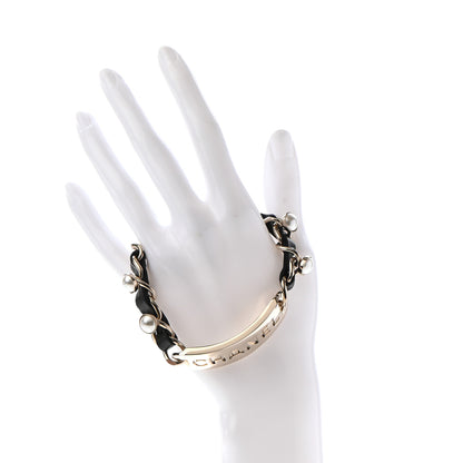Chanel Metal Lambskin Pearl Name Plate Bracelet Black Gold 2 of 5